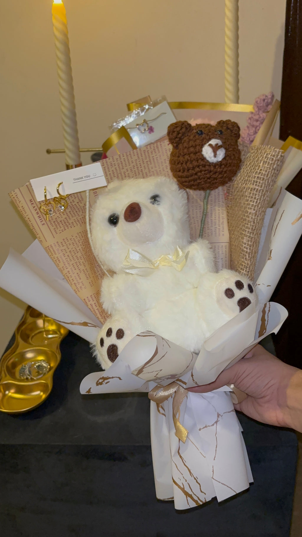 Crochet off white teddy bouquet