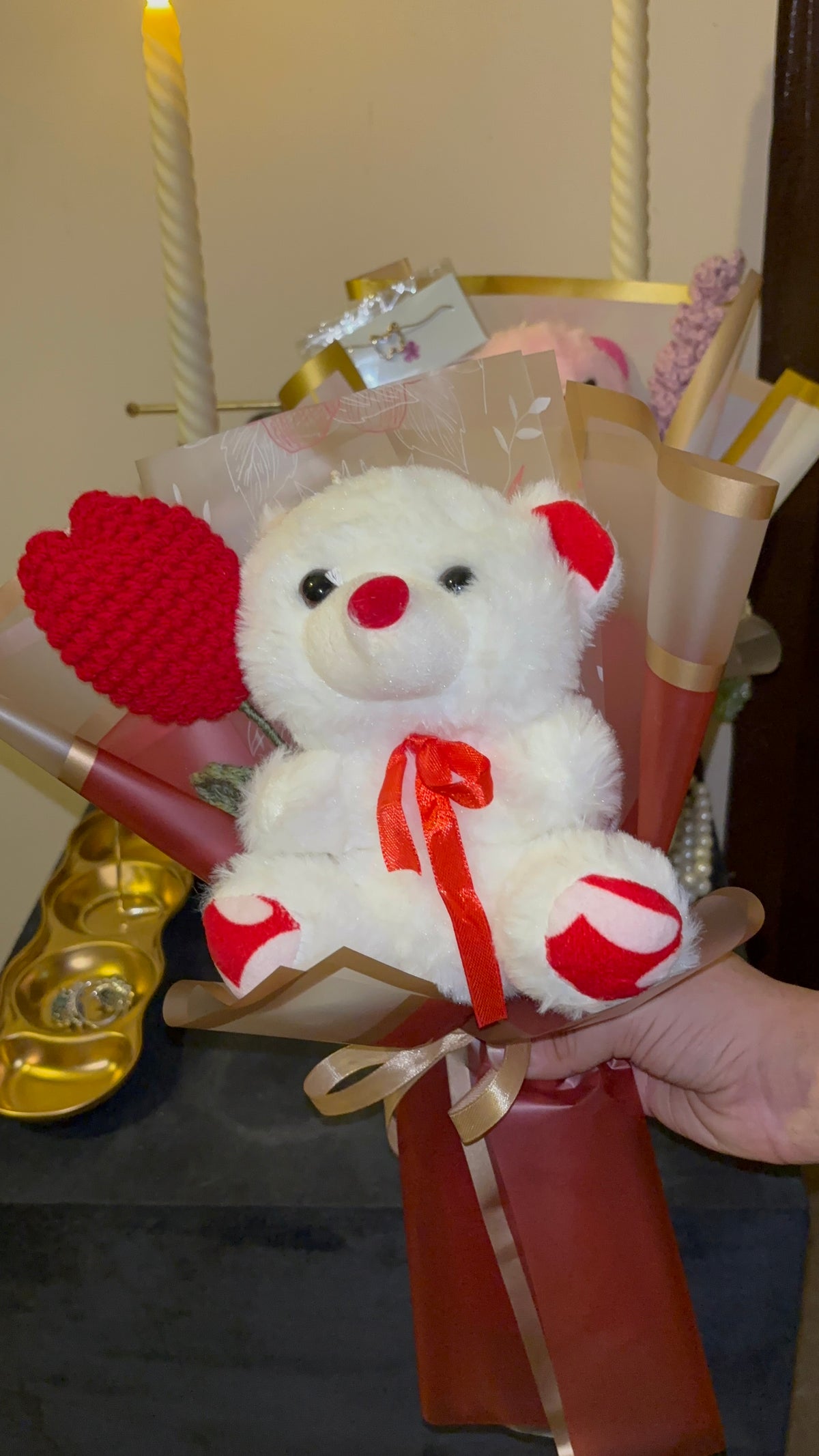 White and red teddy bouquet