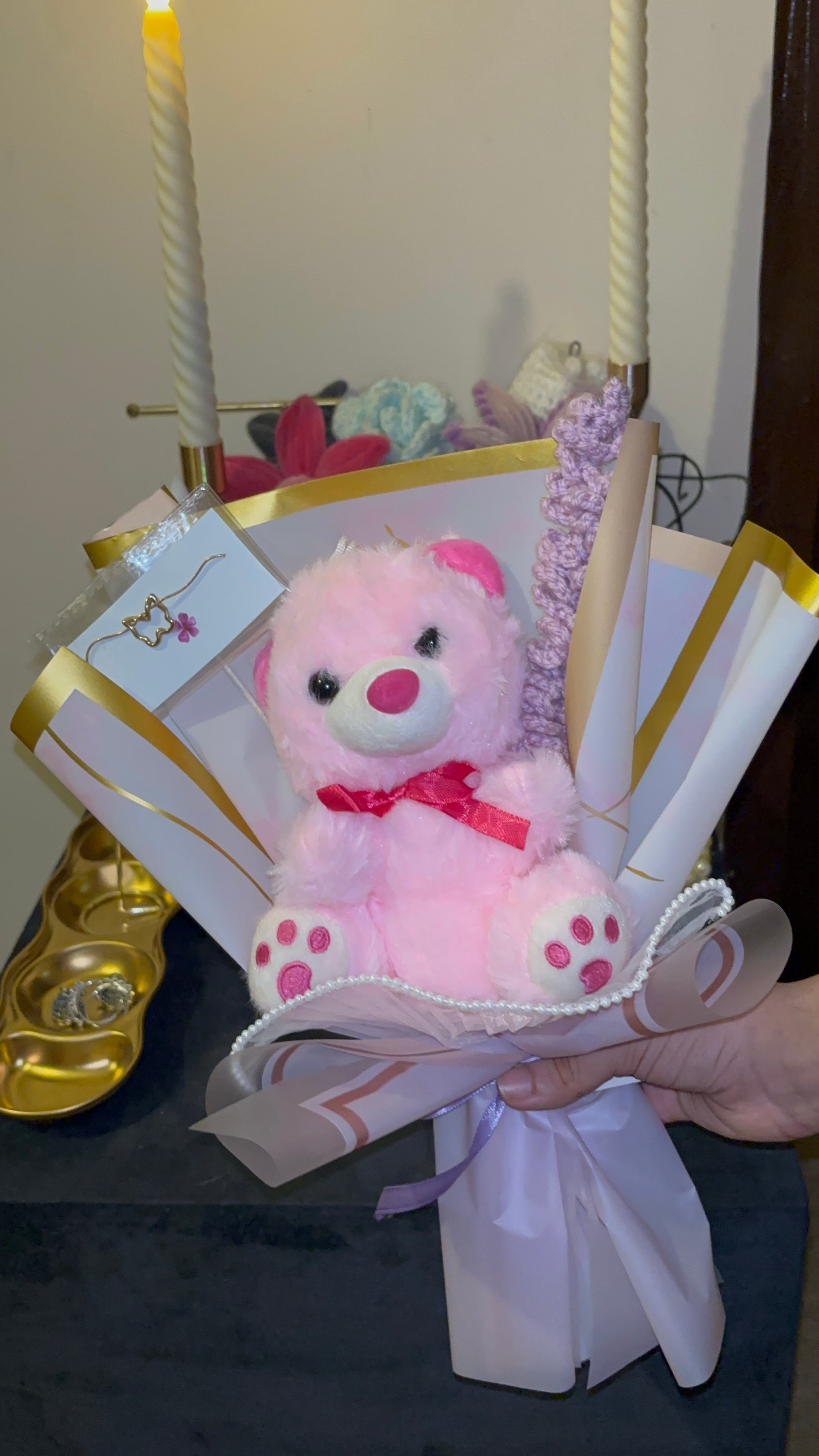 Pink teddy bouquet