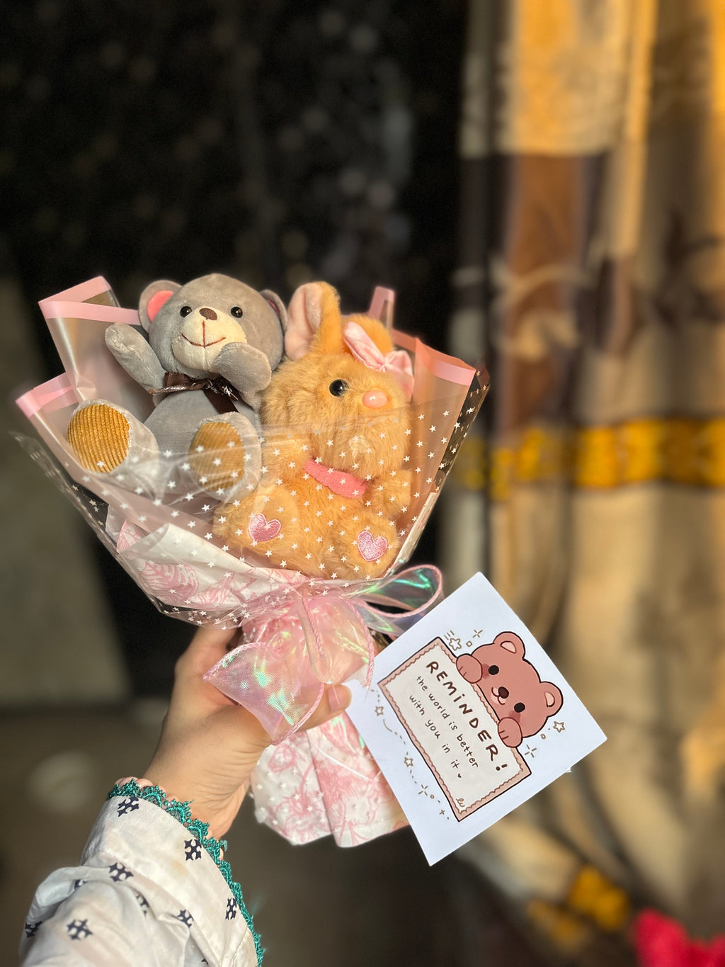 Bear and bunny in a bouquet🧸🐰(free mini card)