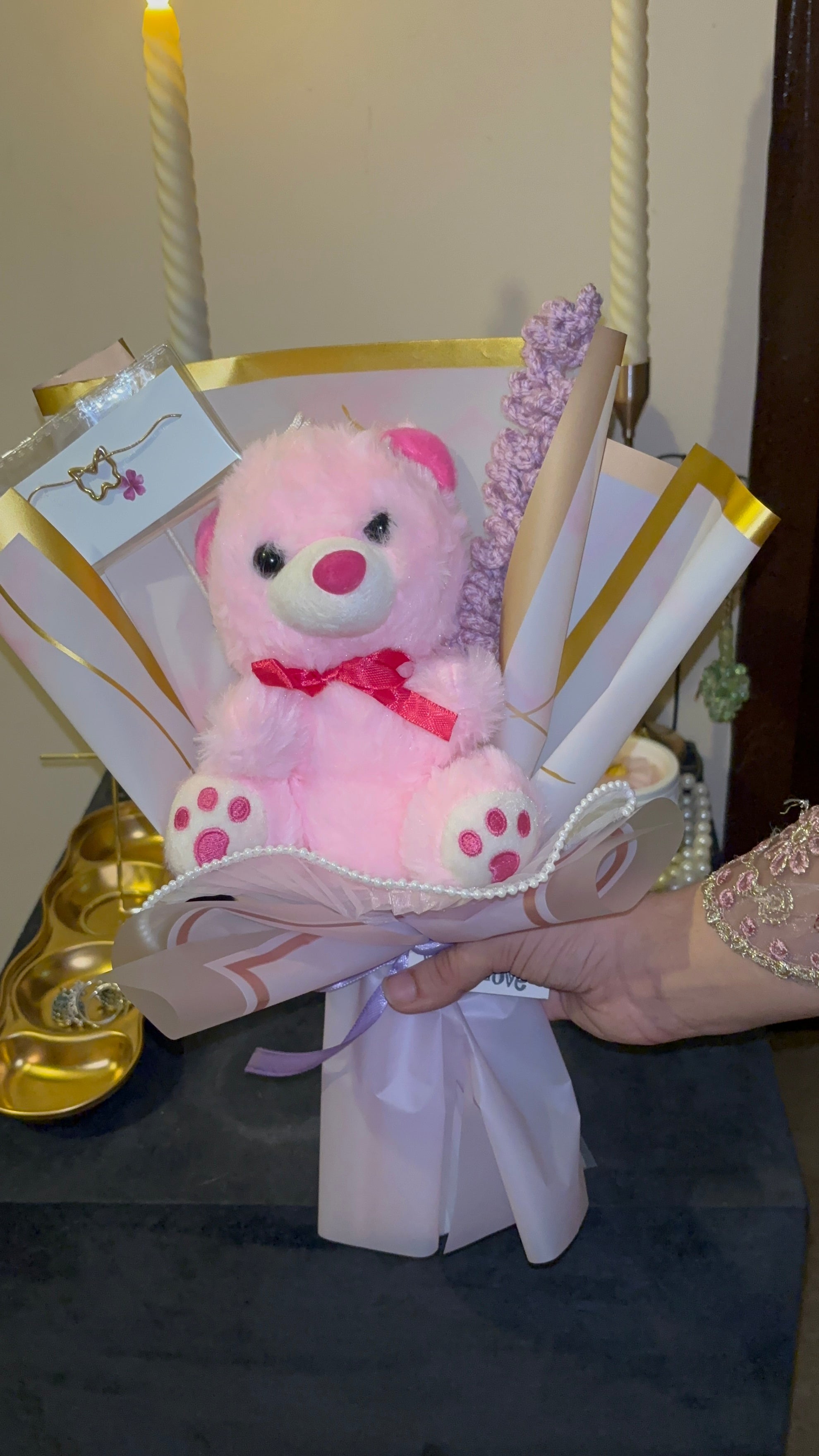 Pink teddy bouquet