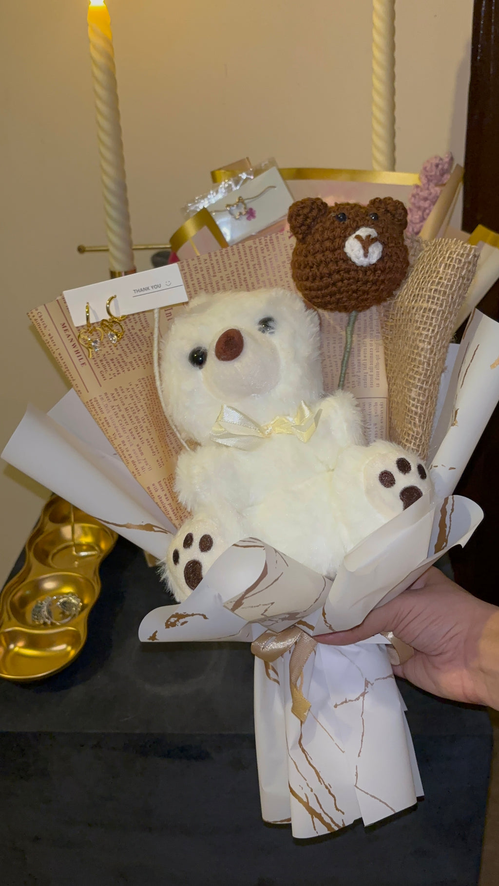 Crochet off white teddy bouquet