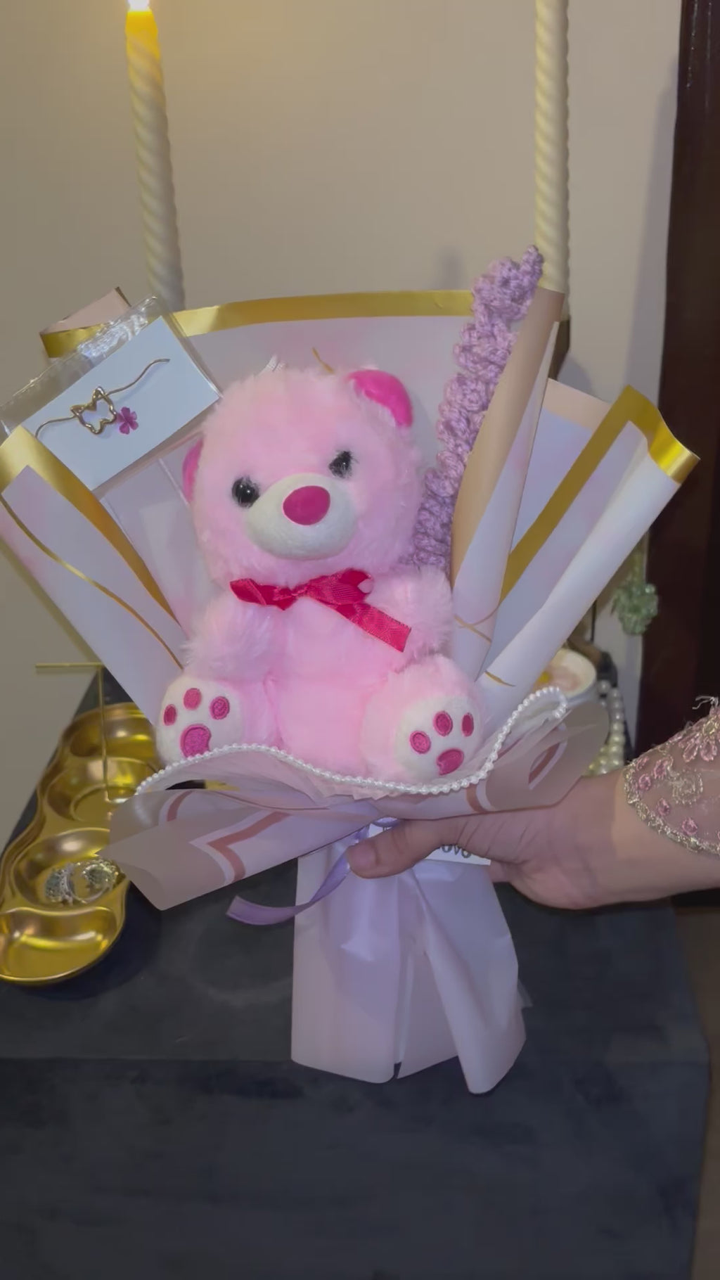 Pink teddy bouquet